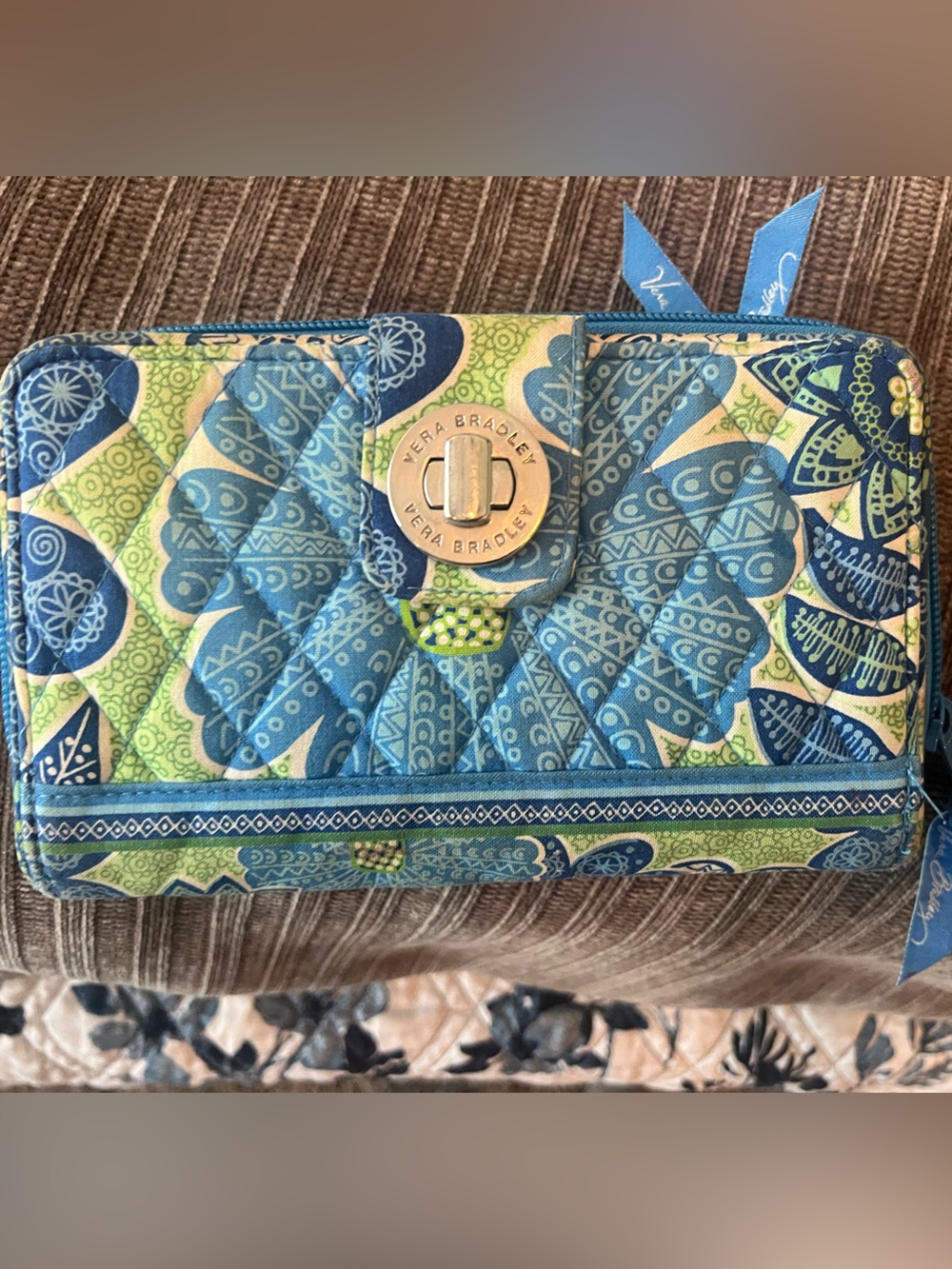 Vera Bradley Blue and Green Quilted Turn-Lock Wallet